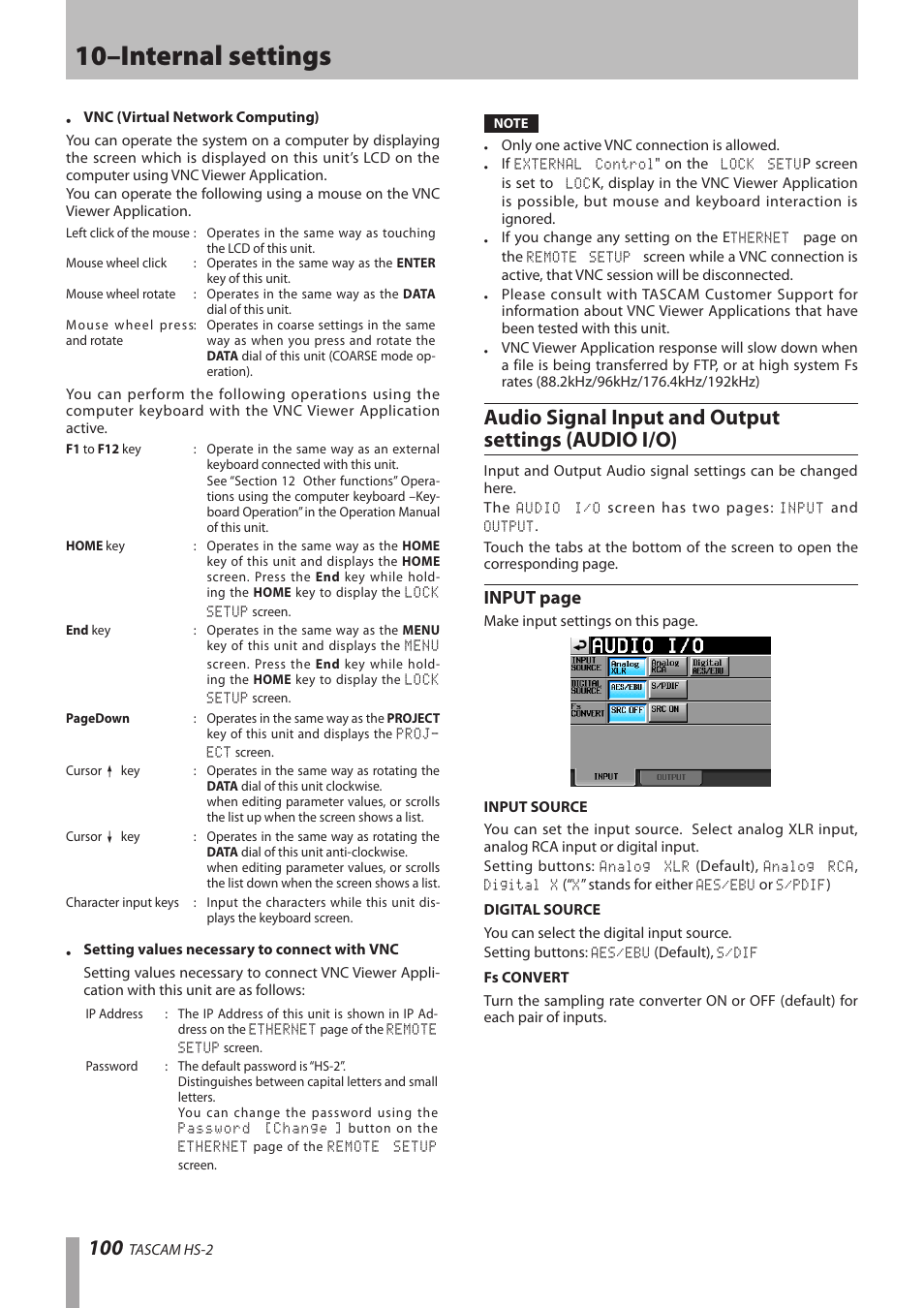 Audio signal input and output settings (audio i/o), 10–internal settings, Input page | Teac HS-2 User Manual | Page 100 / 132