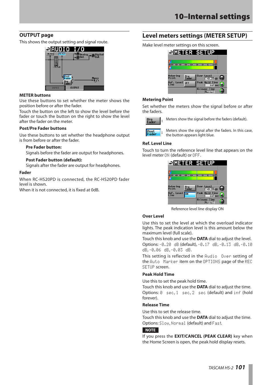 Level meters settings (meter setup), 10–internal settings, Output page | Teac HS-2 User Manual | Page 101 / 132