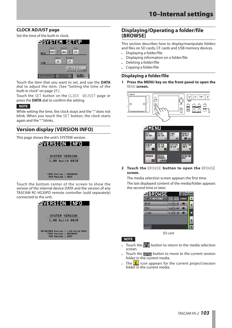 Version display (version info), Displaying/operating a folder/file (browse), Displaying a folder/file | 10–internal settings | Teac HS-2 User Manual | Page 103 / 132