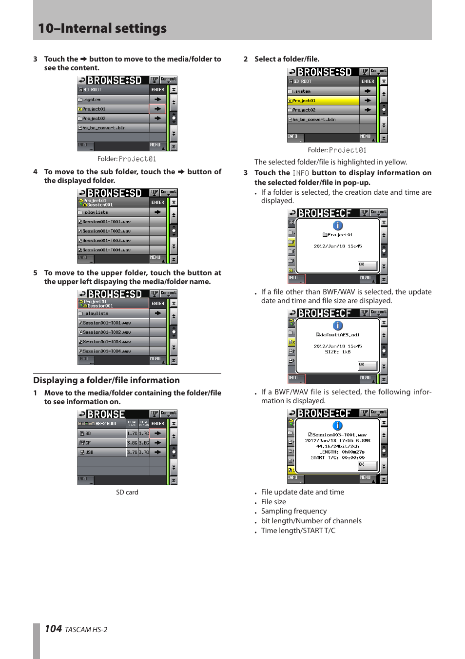 Displaying a folder/file information, 10–internal settings | Teac HS-2 User Manual | Page 104 / 132