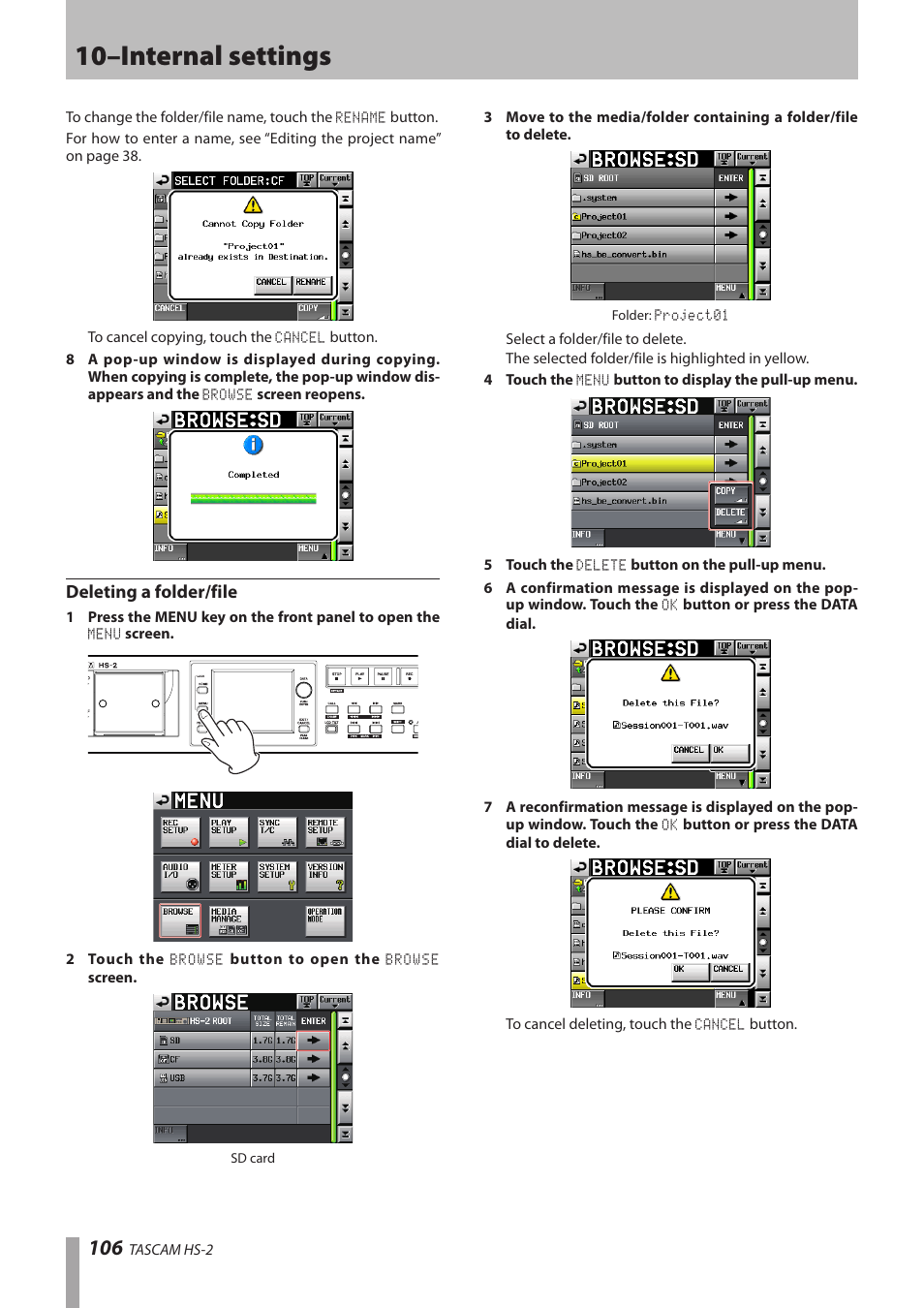 Deleting a folder/file, 10–internal settings | Teac HS-2 User Manual | Page 106 / 132