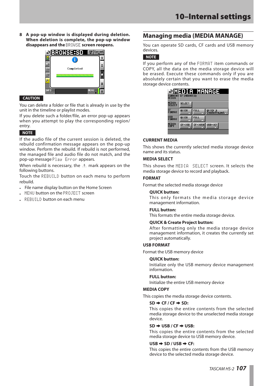 Managing media (media manage), 10–internal settings | Teac HS-2 User Manual | Page 107 / 132