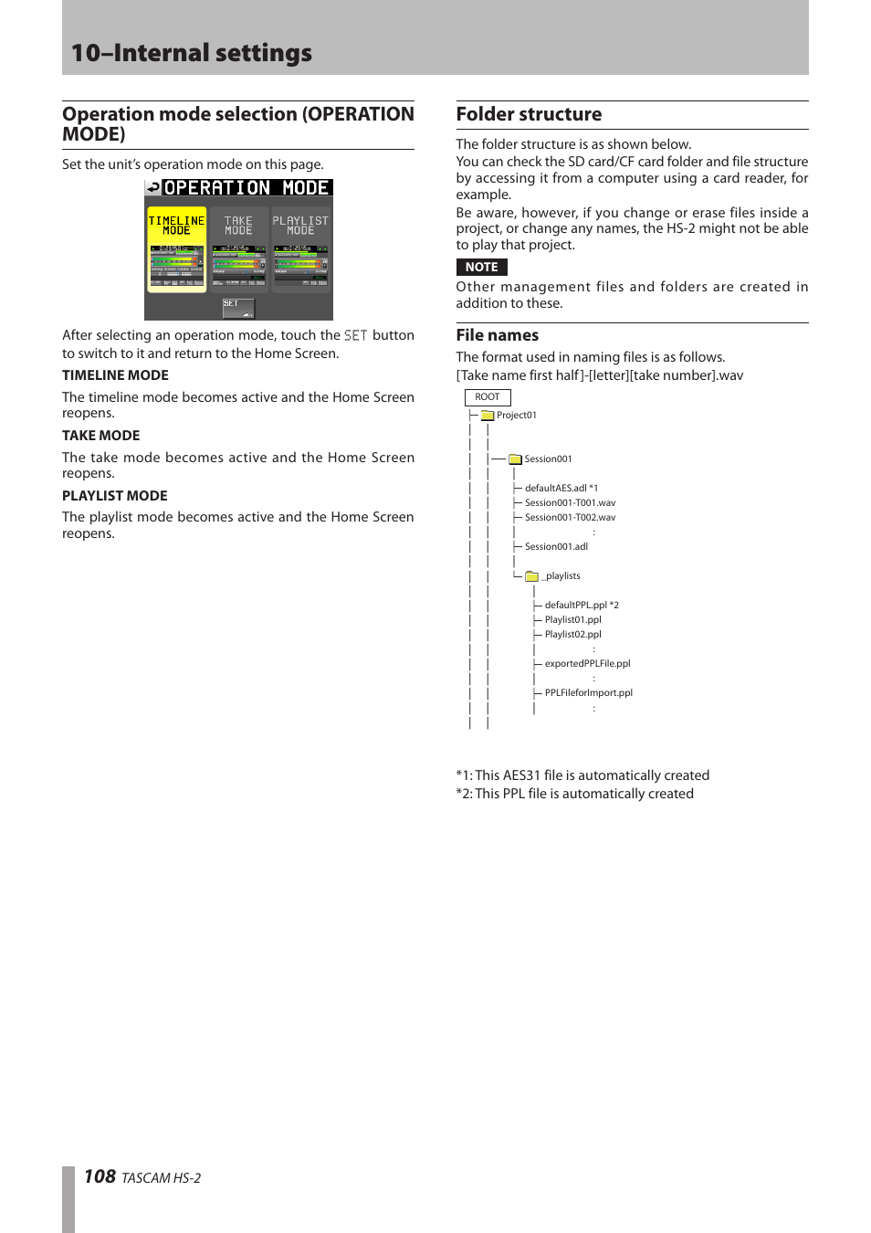 Operation mode selection (operation mode), Folder structure, File names | 10–internal settings | Teac HS-2 User Manual | Page 108 / 132