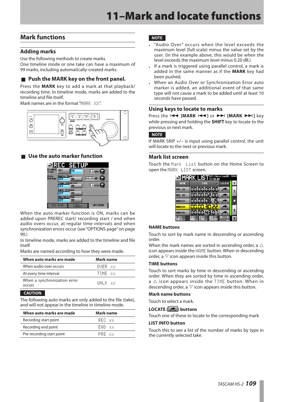 11–mark and locate functions, Mark functions, Adding marks | Using keys to locate to marks, Mark list screen, 109 mark functions | Teac HS-2 User Manual | Page 109 / 132