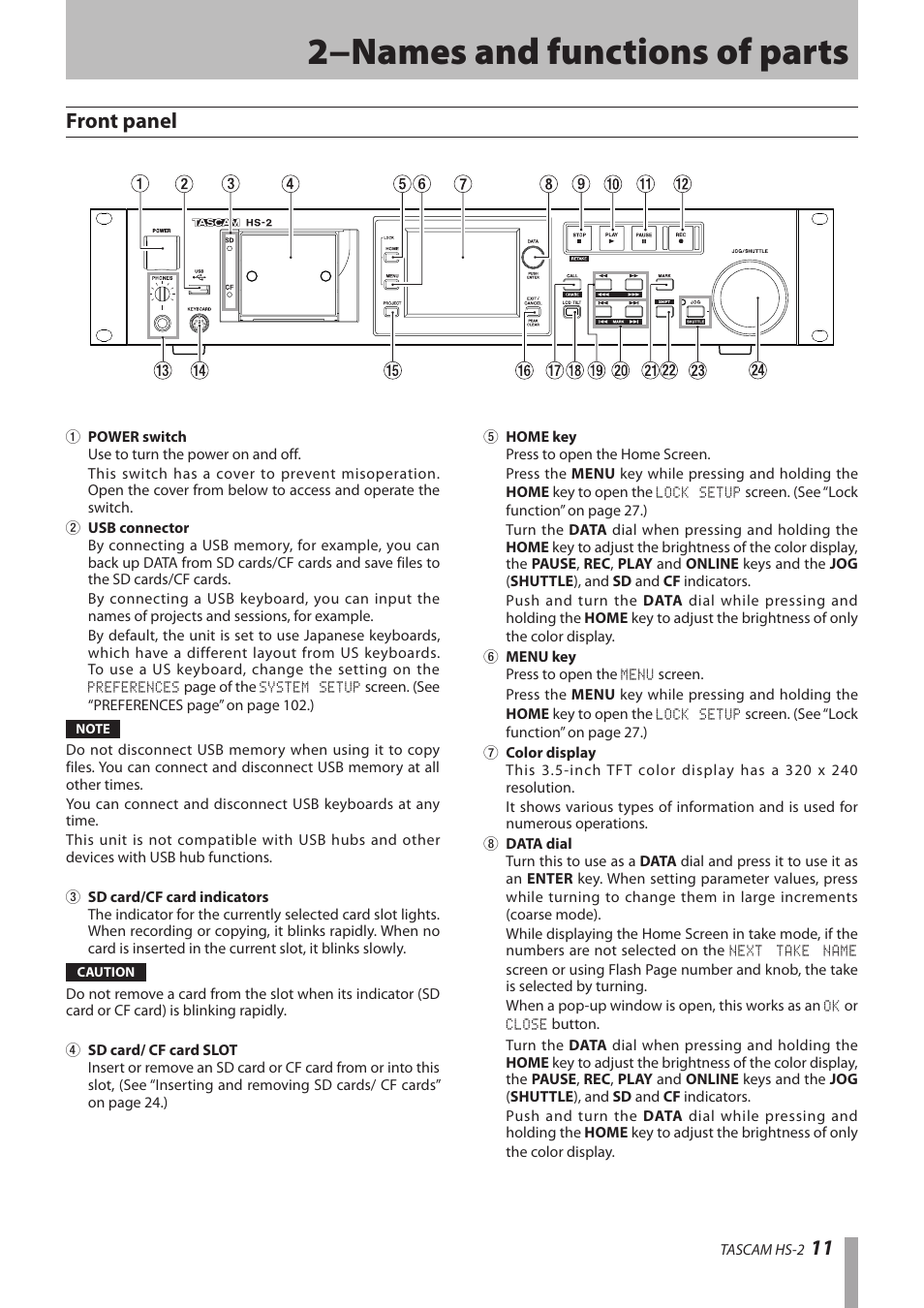 2−names and functions of parts, Front panel | Teac HS-2 User Manual | Page 11 / 132