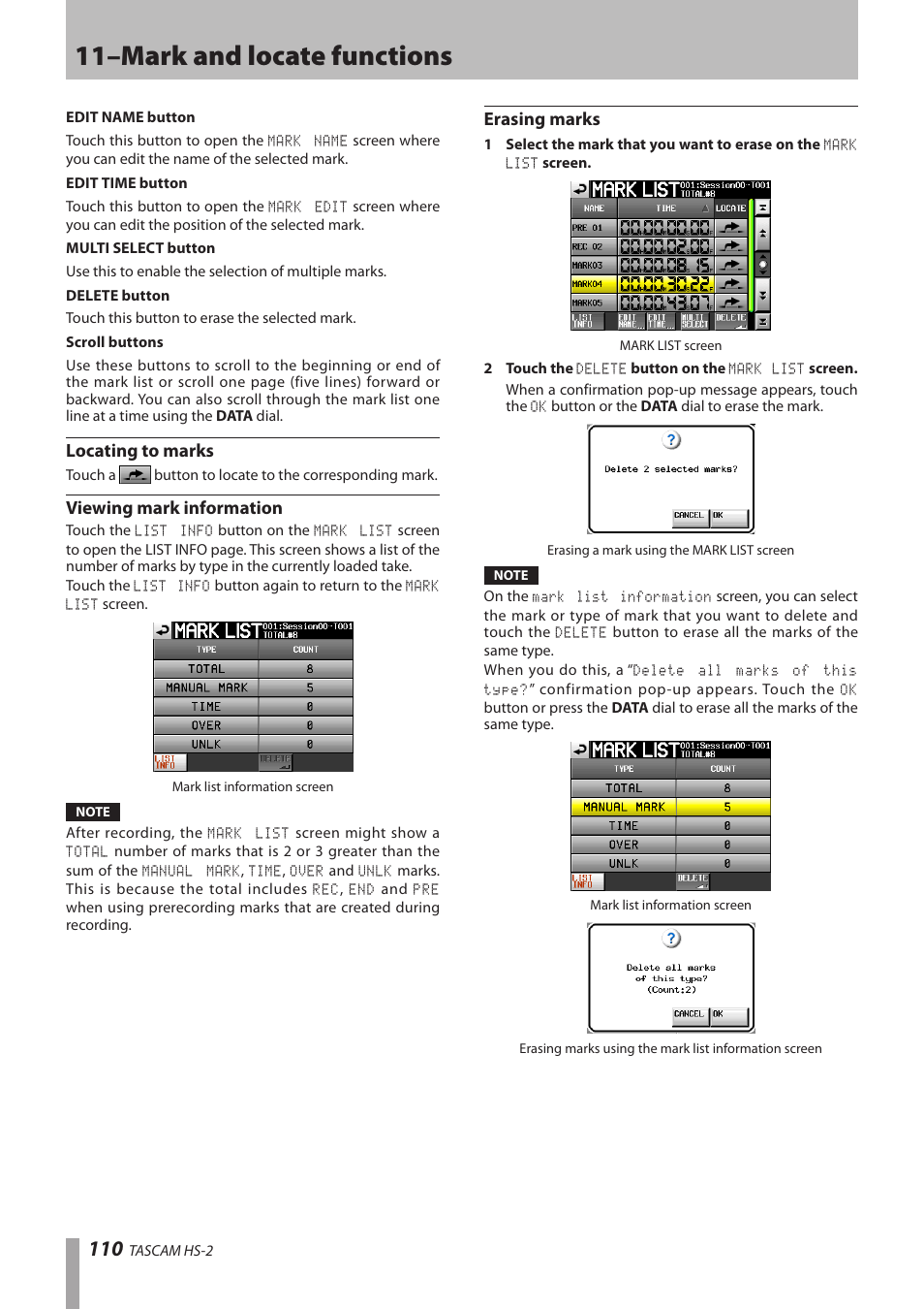 Locating to marks, Viewing mark information, Erasing marks | 11–mark and locate functions | Teac HS-2 User Manual | Page 110 / 132