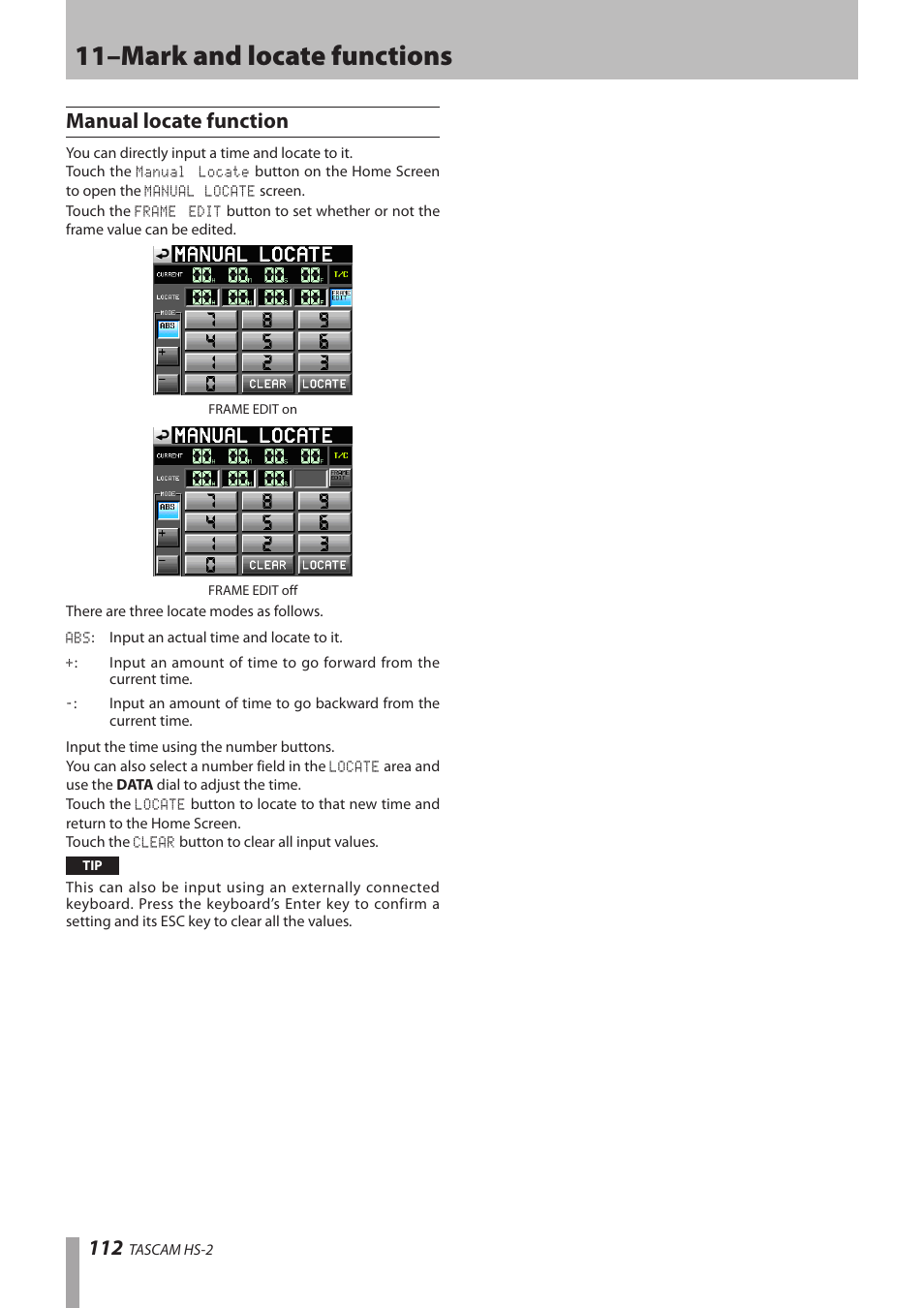 Manual locate function, 11–mark and locate functions | Teac HS-2 User Manual | Page 112 / 132