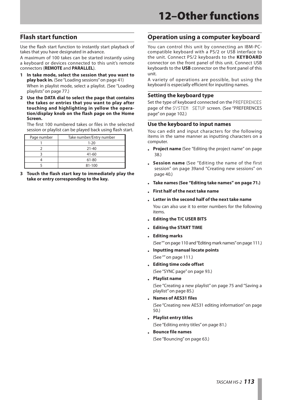 12–other functions, Flash start function, Operation using a computer keyboard | Setting the keyboard type, Use the keyboard to input names, 113 flash start function | Teac HS-2 User Manual | Page 113 / 132