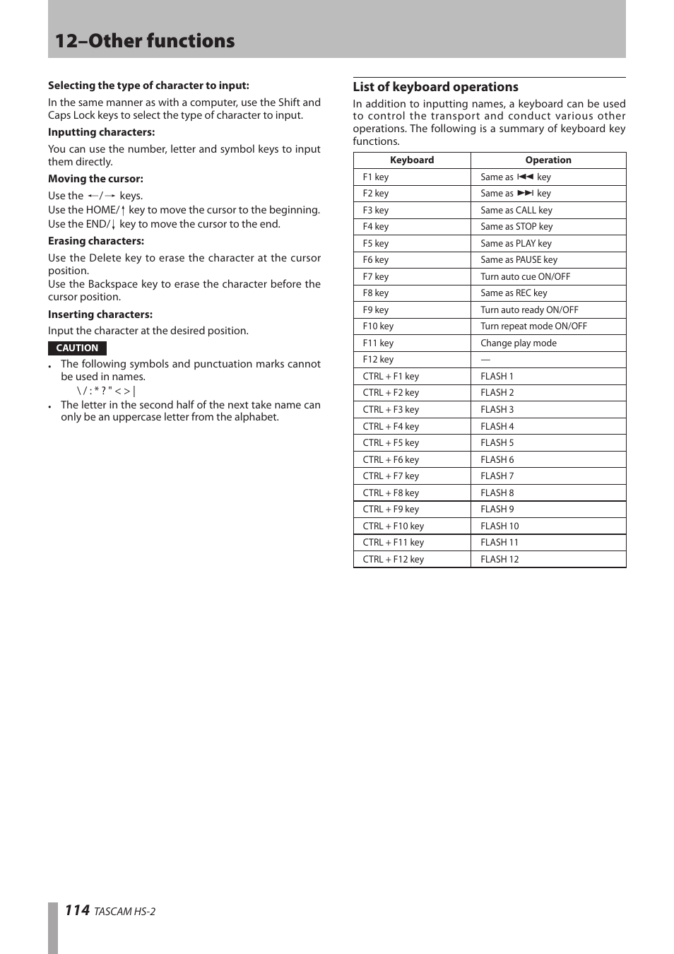 List of keyboard operations, 12–other functions | Teac HS-2 User Manual | Page 114 / 132