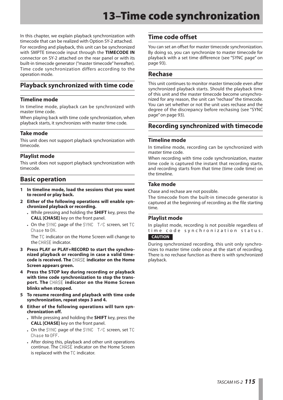 13–time code synchronization, Playback synchronized with time code, Timeline mode | Take mode, Playlist mode, Basic operation, Time code offset, Rechase, Recording synchronized with timecode | Teac HS-2 User Manual | Page 115 / 132