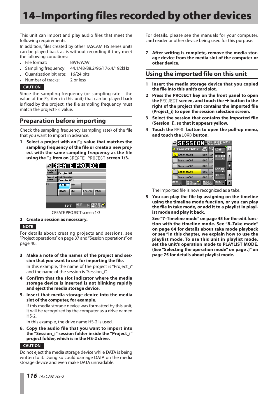 Preparation before importing, Using the imported file on this unit, 14–importing files recorded by other devices | Teac HS-2 User Manual | Page 116 / 132