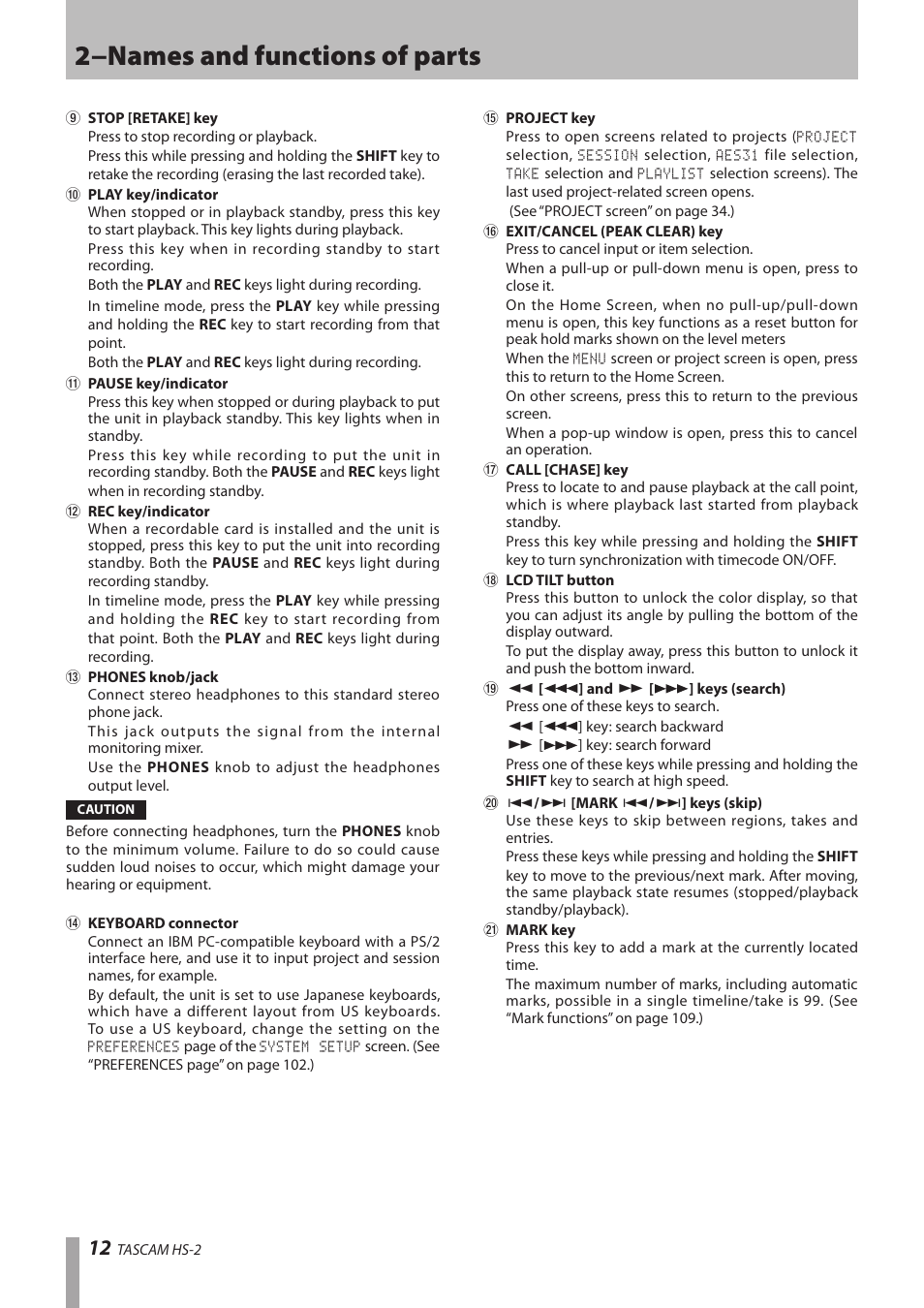 2−names and functions of parts | Teac HS-2 User Manual | Page 12 / 132