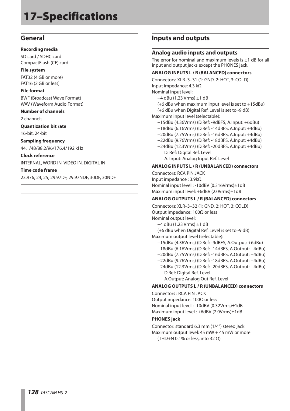 General, Inputs and outputs, Analog audio inputs and outputs | 17–specifications | Teac HS-2 User Manual | Page 128 / 132