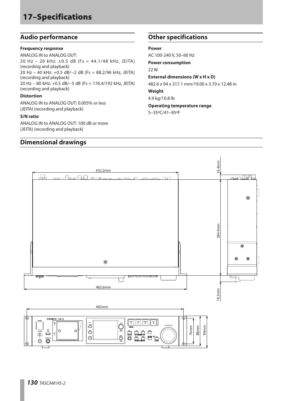 Audio performance, Other specifications, Dimensional drawings | 17–specifications | Teac HS-2 User Manual | Page 130 / 132