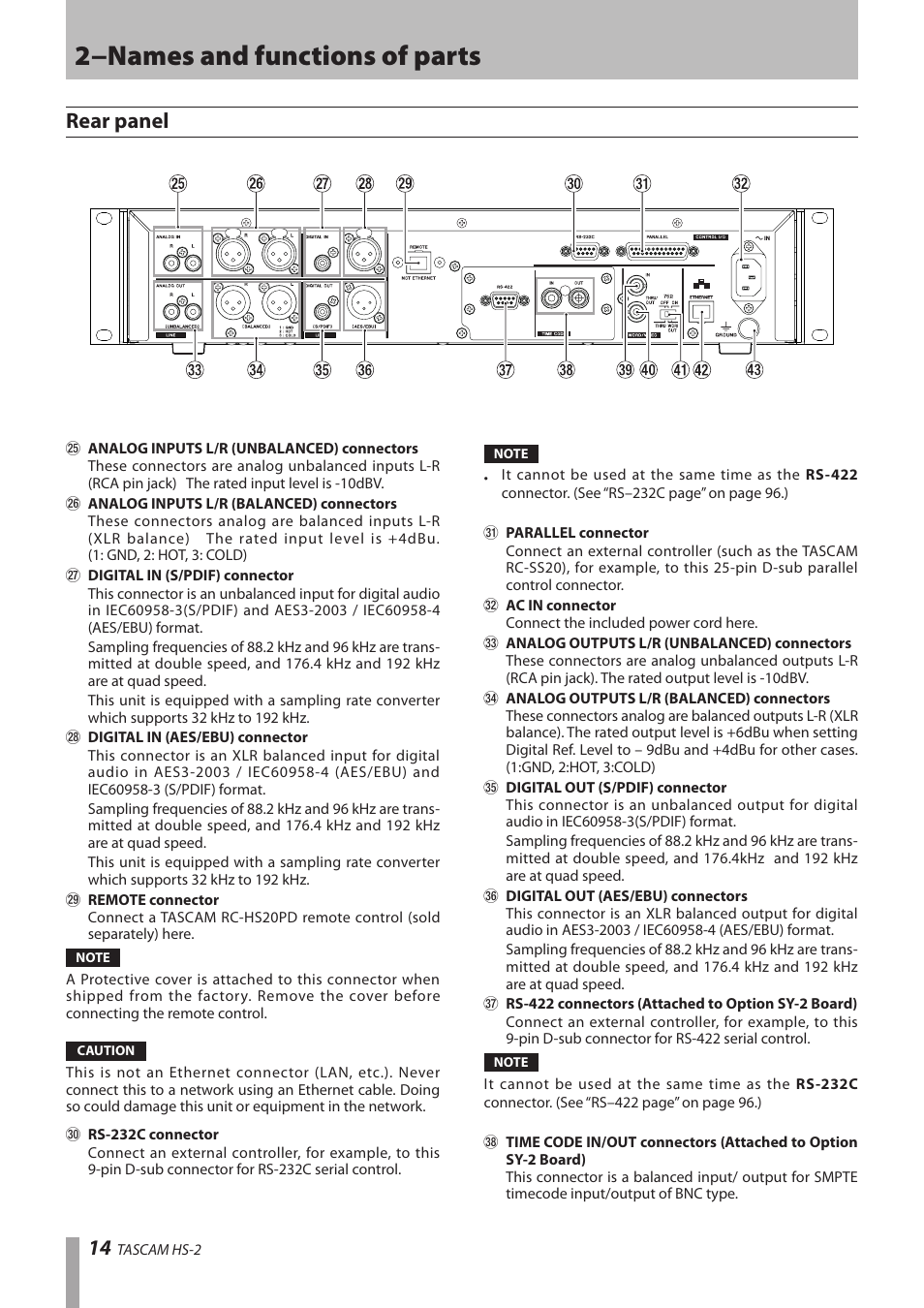 Rear panel, 2−names and functions of parts | Teac HS-2 User Manual | Page 14 / 132