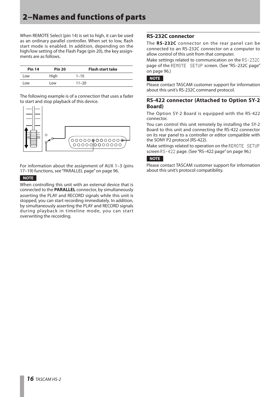 Rs-232c connector, Rs-422 connector (attached to option sy-2 board), 2−names and functions of parts | Teac HS-2 User Manual | Page 16 / 132