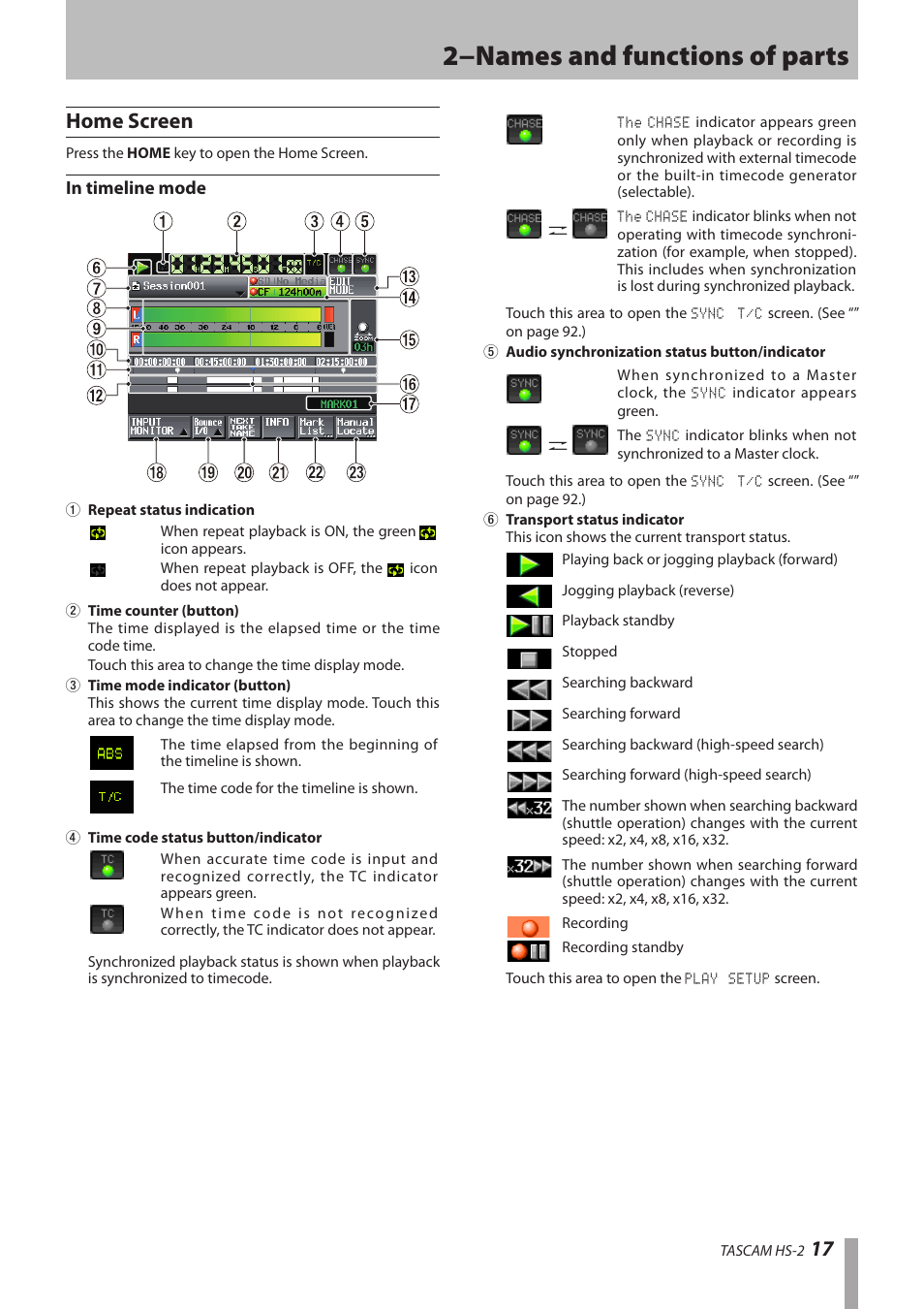 Home screen, In timeline mode, 2−names and functions of parts | 17 home screen | Teac HS-2 User Manual | Page 17 / 132