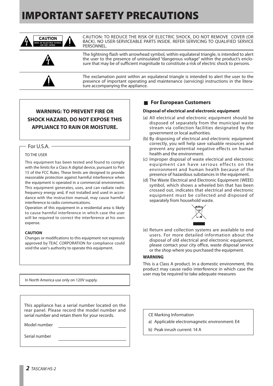 Important safety precautions | Teac HS-2 User Manual | Page 2 / 132