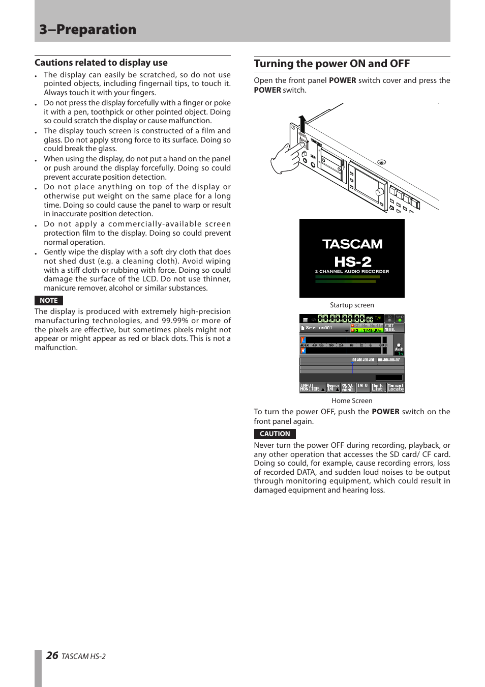 Cautions related to display use, Turning the power on and off, 3−preparation | Teac HS-2 User Manual | Page 26 / 132
