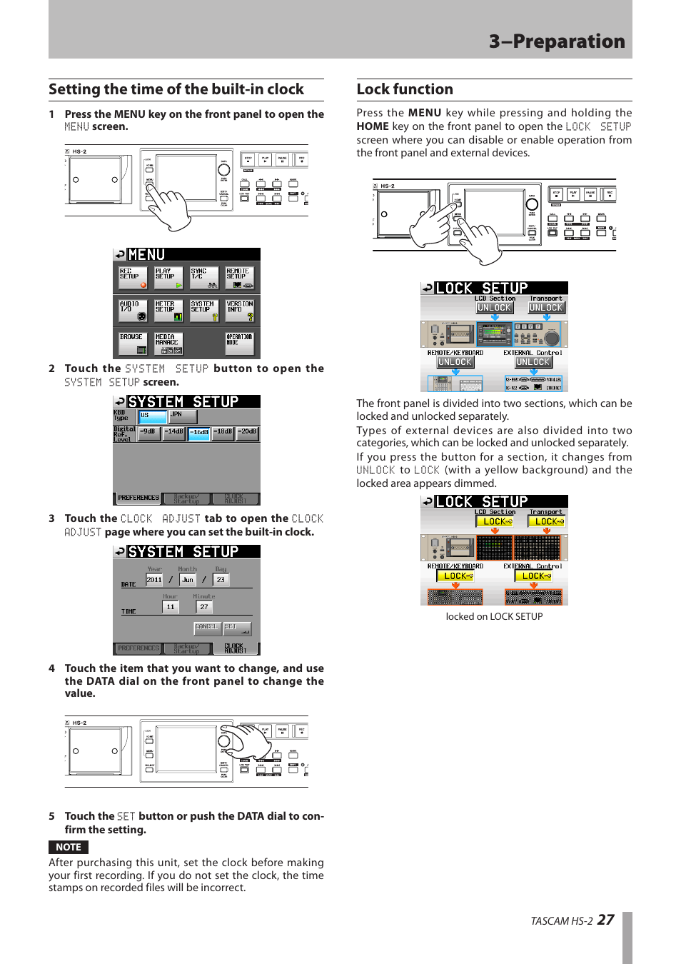 Setting the time of the built-in clock, Lock function, 3−preparation | 27 setting the time of the built-in clock | Teac HS-2 User Manual | Page 27 / 132