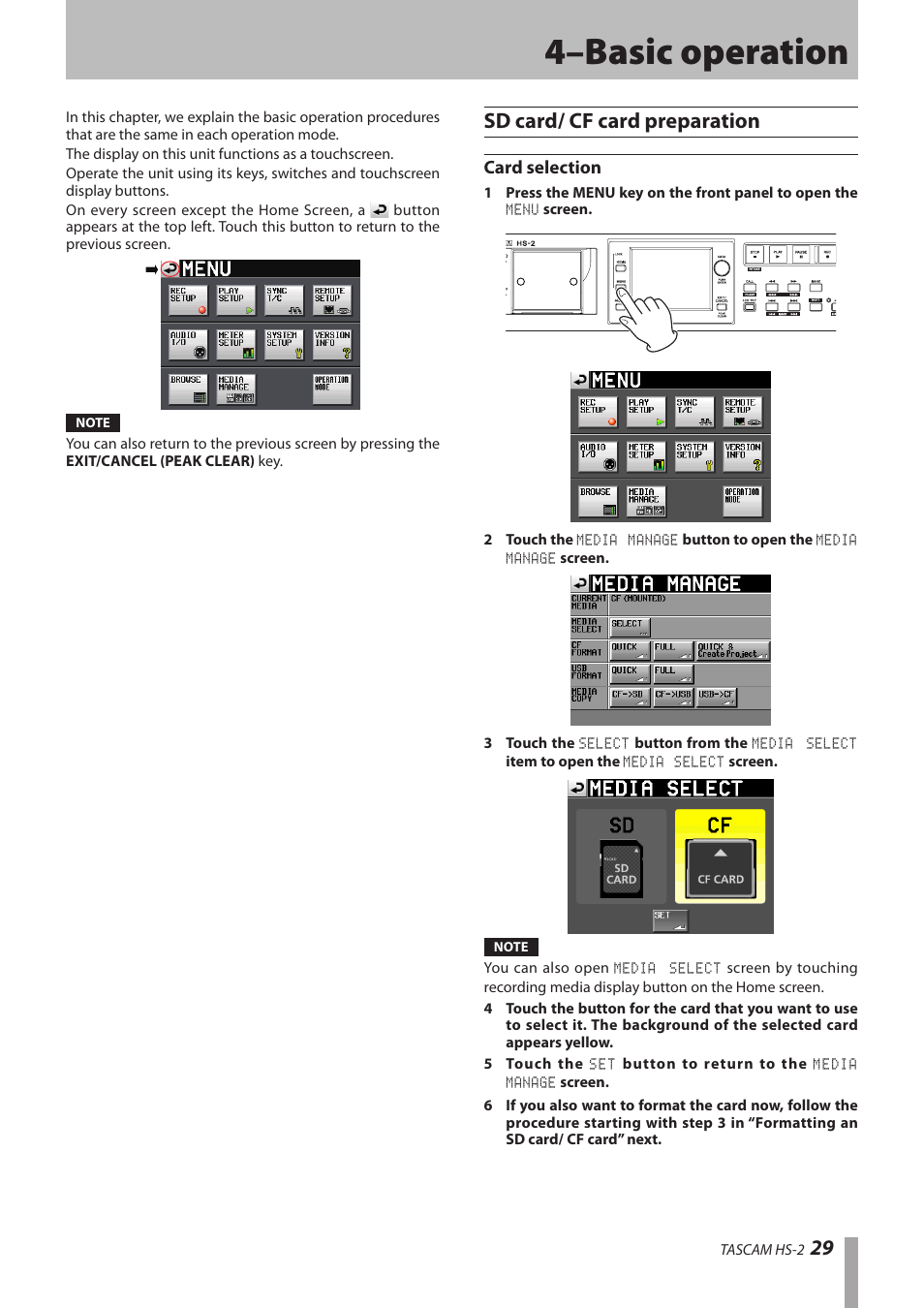 4–basic operation, Sd card/ cf card preparation, Card selection | Teac HS-2 User Manual | Page 29 / 132