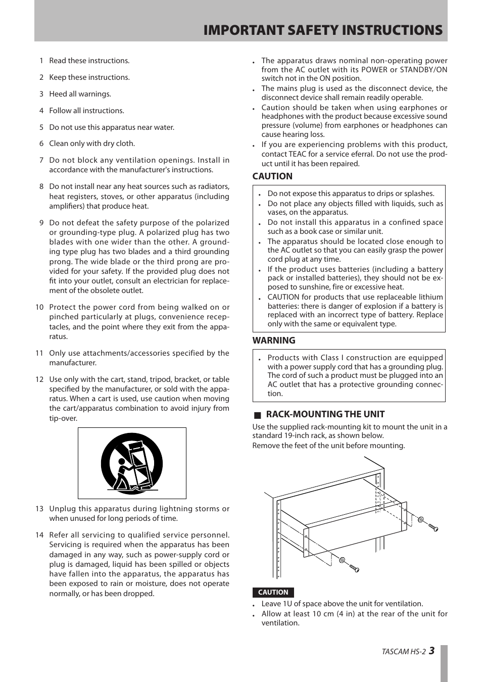 Important safety instructions | Teac HS-2 User Manual | Page 3 / 132