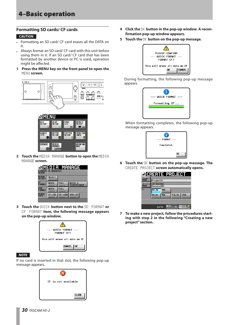 Formatting sd cards/ cf cards, 4–basic operation | Teac HS-2 User Manual | Page 30 / 132