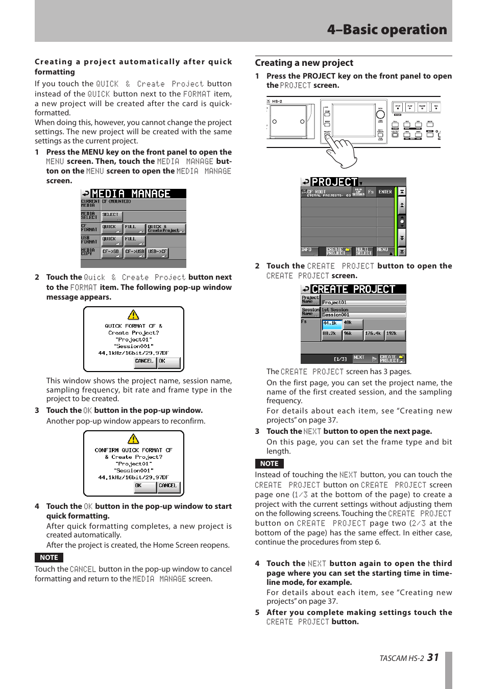 Creating a new project, 4–basic operation | Teac HS-2 User Manual | Page 31 / 132