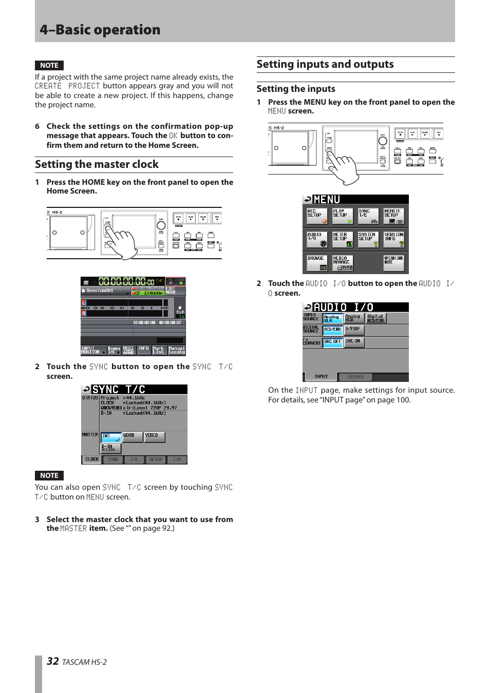 Setting the master clock, Setting inputs and outputs, Setting the inputs | 4–basic operation | Teac HS-2 User Manual | Page 32 / 132