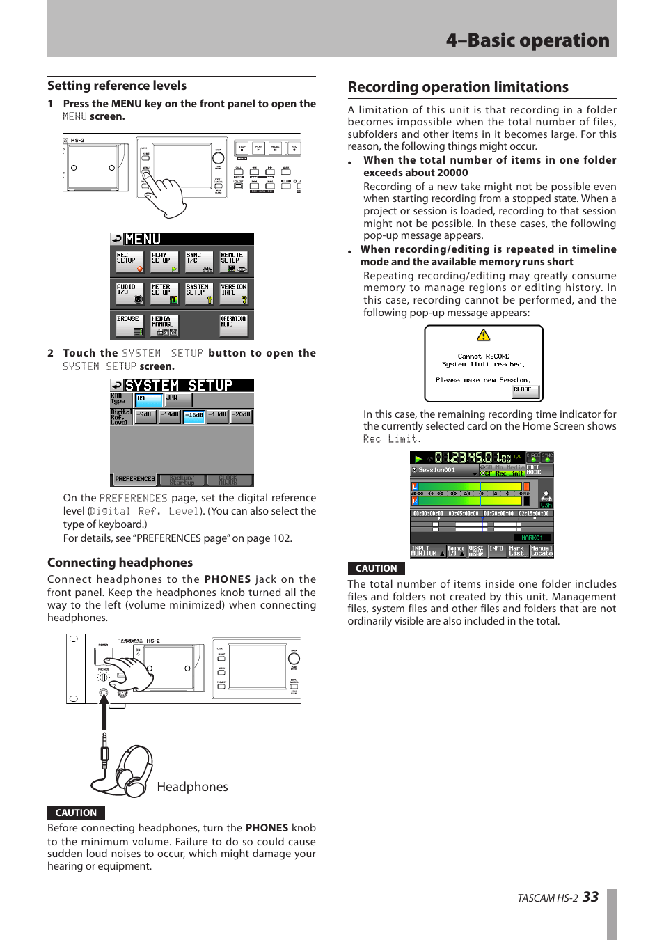 Setting reference levels, Connecting headphones, Recording operation limitations | 4–basic operation | Teac HS-2 User Manual | Page 33 / 132