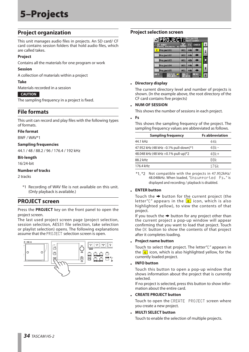 5–projects, Project organization, File formats | Project screen, Project selection screen | Teac HS-2 User Manual | Page 34 / 132