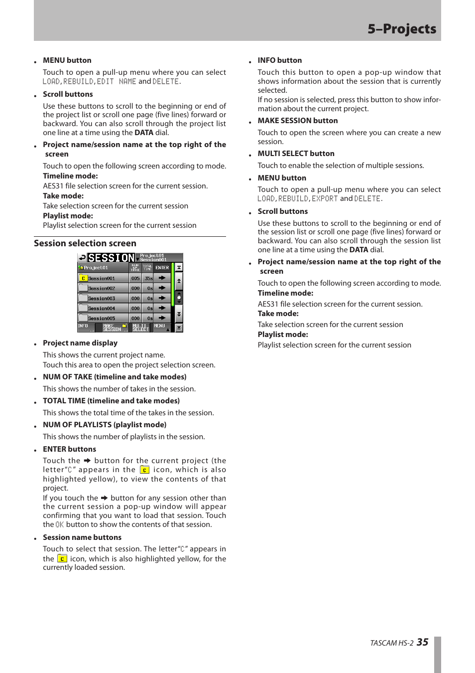 Session selection screen, 5–projects | Teac HS-2 User Manual | Page 35 / 132