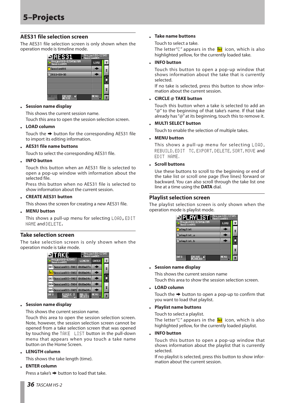 Aes31 file selection screen, Take selection screen, Playlist selection screen | 5–projects | Teac HS-2 User Manual | Page 36 / 132