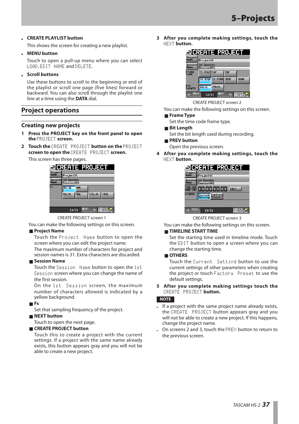 Project operations, Creating new projects, 5–projects | Teac HS-2 User Manual | Page 37 / 132