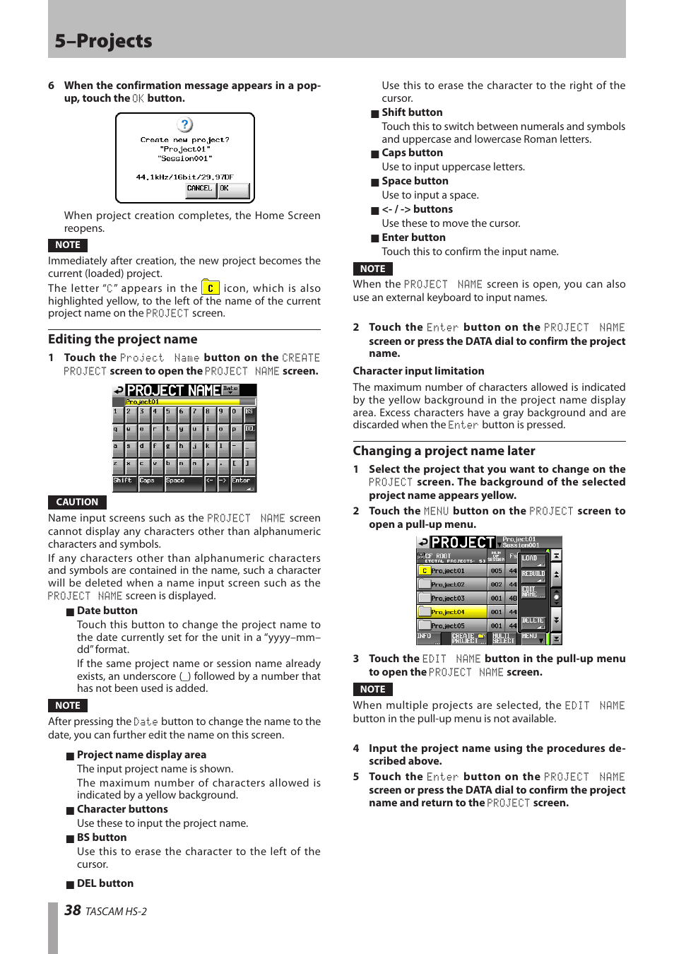 Editing the project name, Changing a project name later, 5–projects | Teac HS-2 User Manual | Page 38 / 132