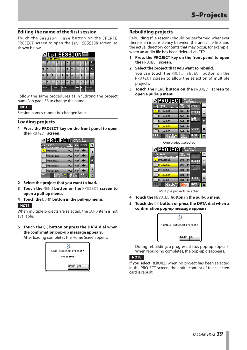 Editing the name of the first session, Loading projects, Rebuilding projects | 5–projects | Teac HS-2 User Manual | Page 39 / 132