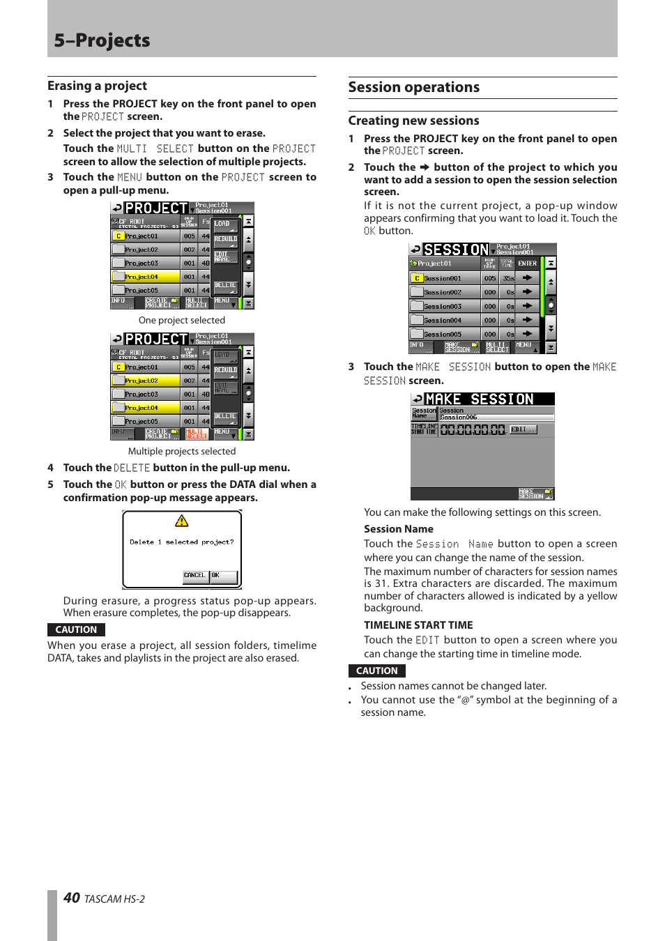 Erasing a project, Session operations, Creating new sessions | 5–projects | Teac HS-2 User Manual | Page 40 / 132