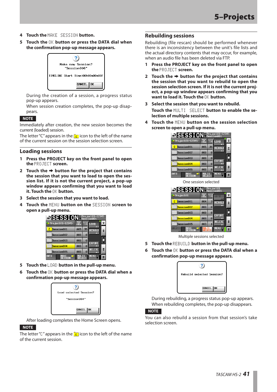 Loading sessions, Rebuilding sessions, 5–projects | Teac HS-2 User Manual | Page 41 / 132