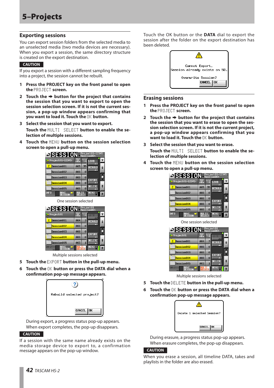 Exporting sessions, Erasing sessions, 5–projects | Teac HS-2 User Manual | Page 42 / 132