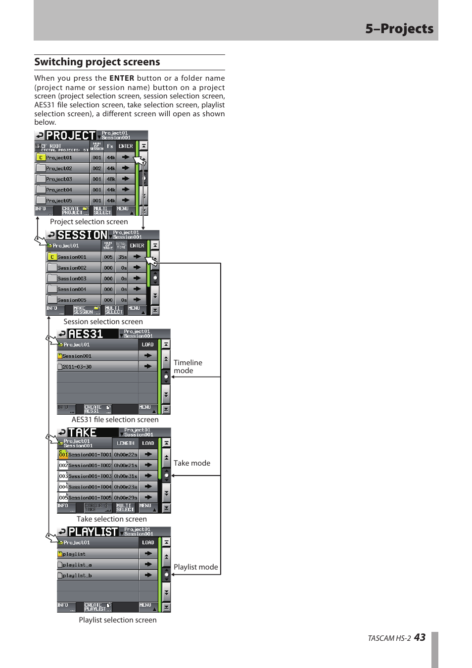 Switching project screens, 5–projects, 43 switching project screens | Teac HS-2 User Manual | Page 43 / 132