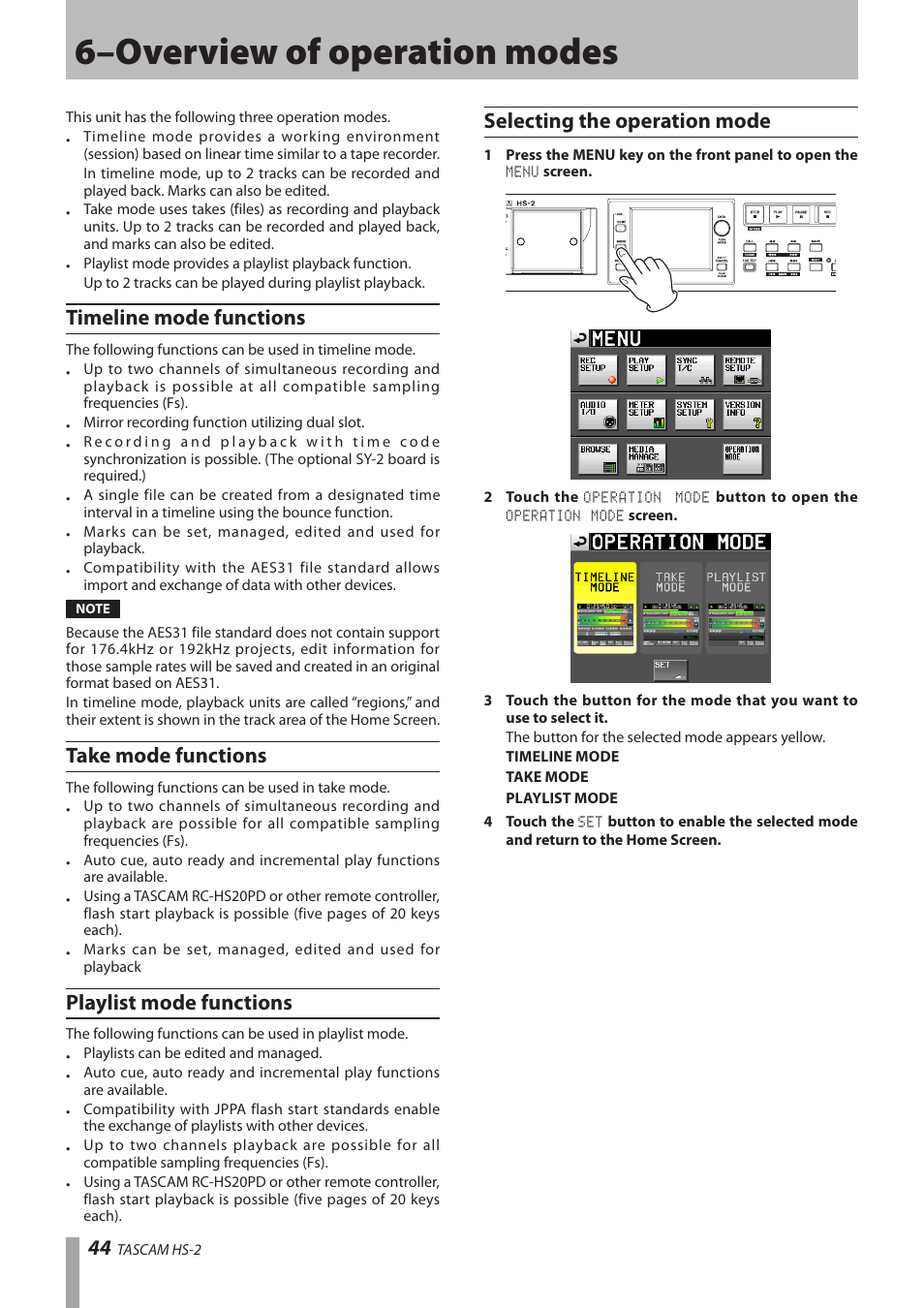 6–overview of operation modes, Timeline mode functions, Take mode functions | Playlist mode functions, Selecting the operation mode | Teac HS-2 User Manual | Page 44 / 132