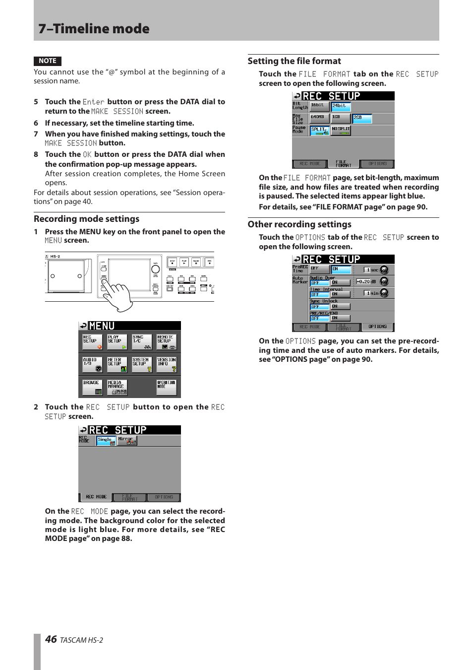 Recording mode settings, Setting the file format, Other recording settings | 7–timeline mode | Teac HS-2 User Manual | Page 46 / 132