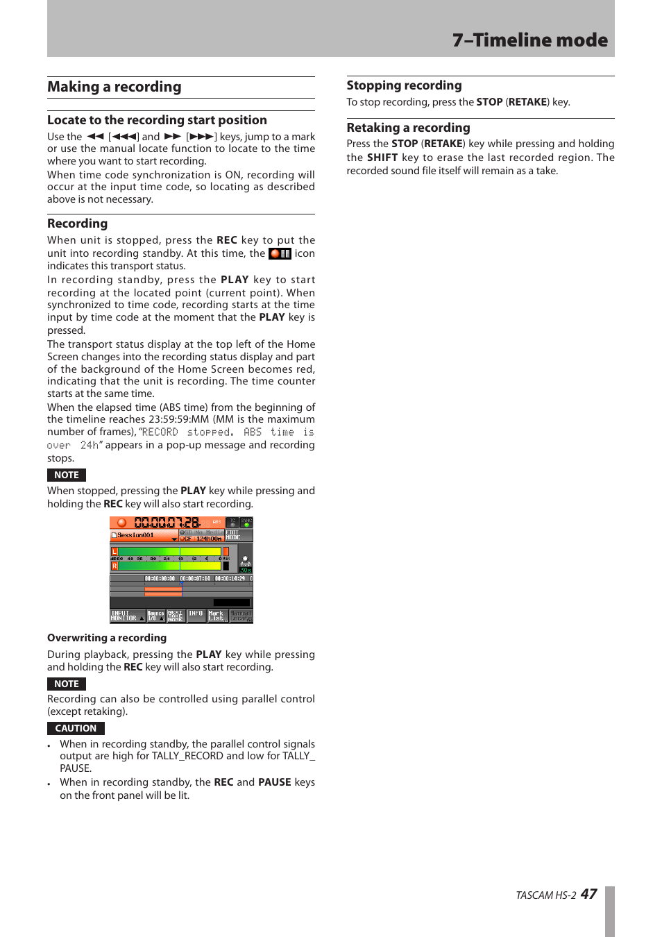 Making a recording, Locate to the recording start position, Recording | Stopping recording, Retaking a recording, 7–timeline mode | Teac HS-2 User Manual | Page 47 / 132