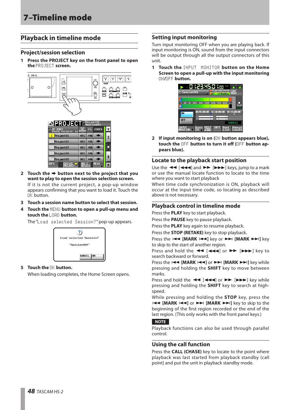 Playback in timeline mode, Project/session selection, Setting input monitoring | Locate to the playback start position, Playback control in timeline mode, Using the call function, 7–timeline mode | Teac HS-2 User Manual | Page 48 / 132