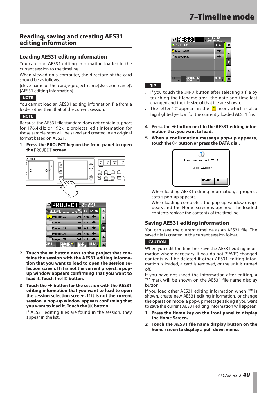 Loading aes31 editing information, Saving aes31 editing information, 7–timeline mode | Teac HS-2 User Manual | Page 49 / 132