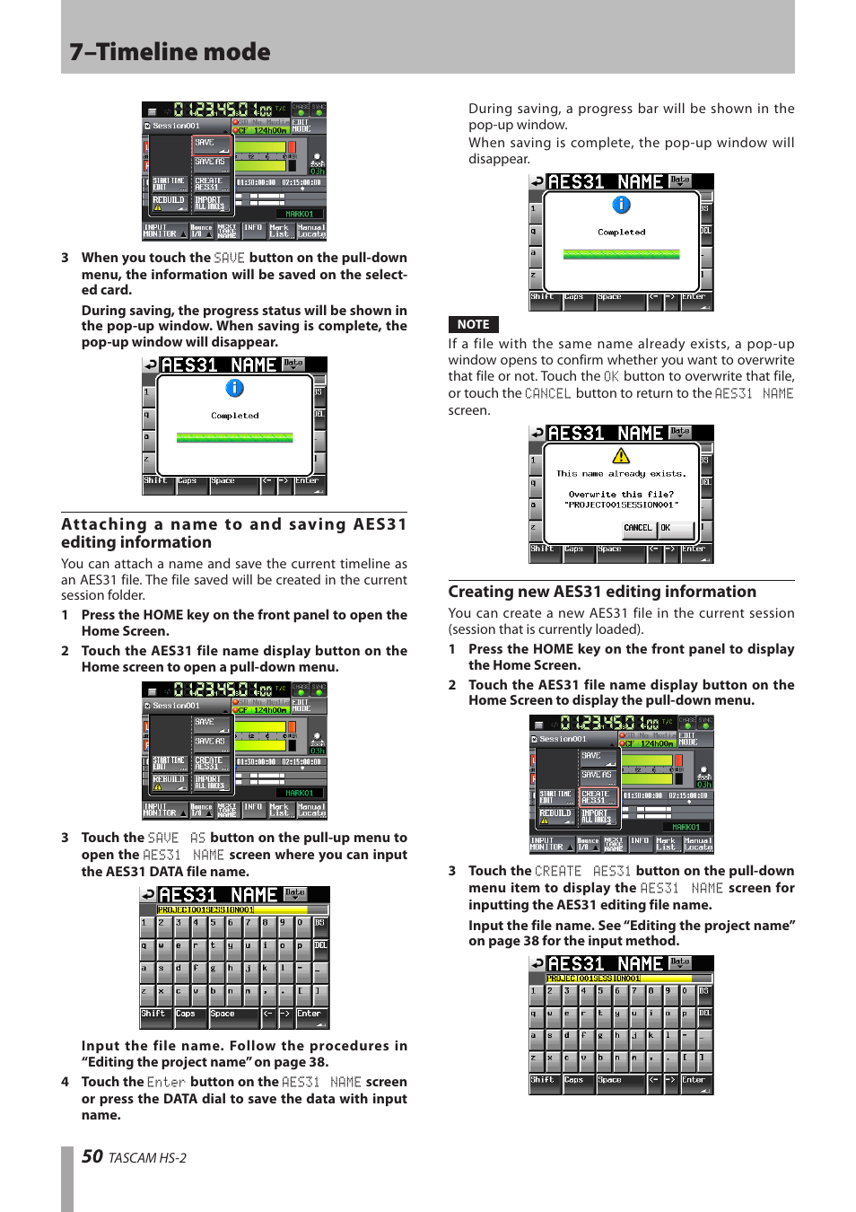 Creating new aes31 editing information, 7–timeline mode | Teac HS-2 User Manual | Page 50 / 132