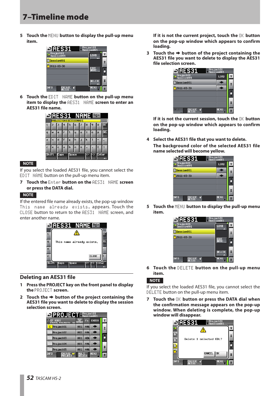 Deleting an aes31 file, 7–timeline mode | Teac HS-2 User Manual | Page 52 / 132