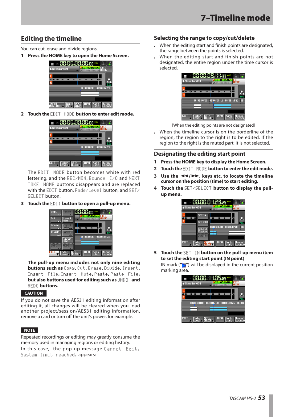 Editing the timeline, Selecting the range to copy/cut/delete, Designating the editing start point | 7–timeline mode, 53 editing the timeline | Teac HS-2 User Manual | Page 53 / 132