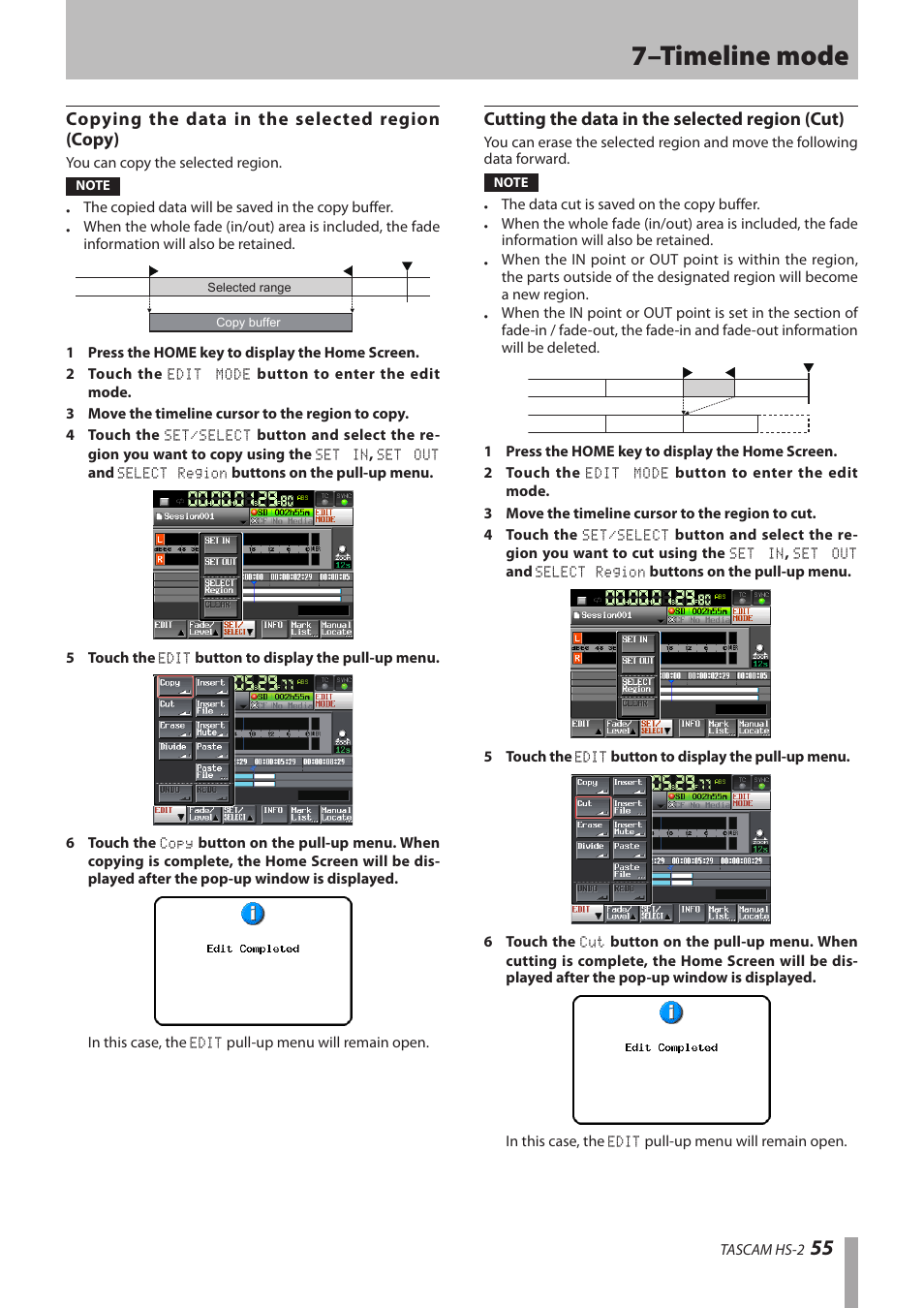 Copying the data in the selected region (copy), Cutting the data in the selected region (cut), 7–timeline mode | Teac HS-2 User Manual | Page 55 / 132