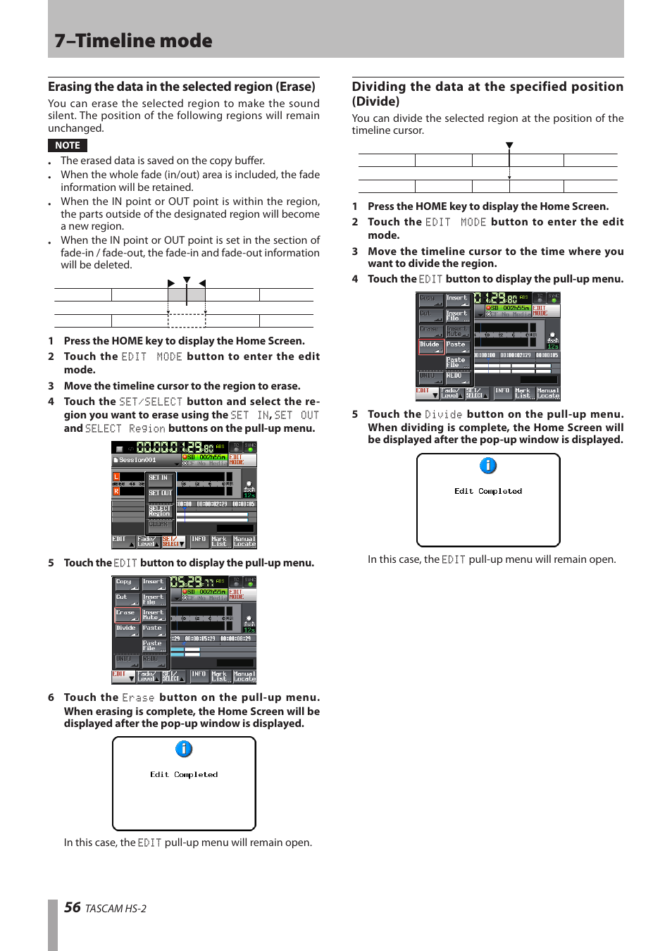 Erasing the data in the selected region (erase), 7–timeline mode | Teac HS-2 User Manual | Page 56 / 132